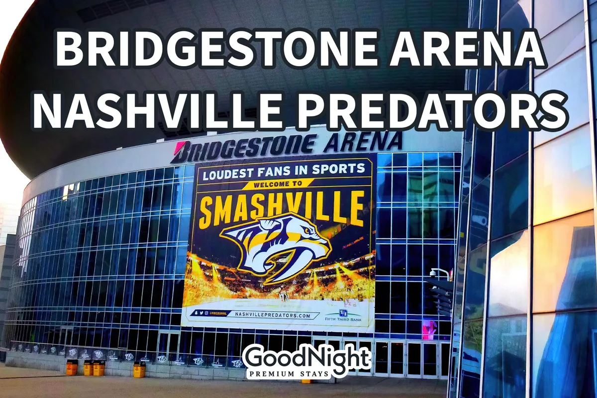 The exterior of Bridgestone Arena featuring the prominent arena sign, a Nashville Predators logo, and a welcoming banner. The area is buzzing with excitement, hinting at live events and large gatherings.