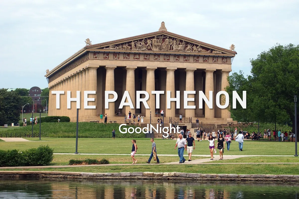 This image features Nashville’s full-scale Parthenon replica in Centennial Park, with visitors strolling around the iconic structure surrounded by lush greenery and a reflective water surface. The celebratory mood captures families and individuals engaging in leisure and exploration.